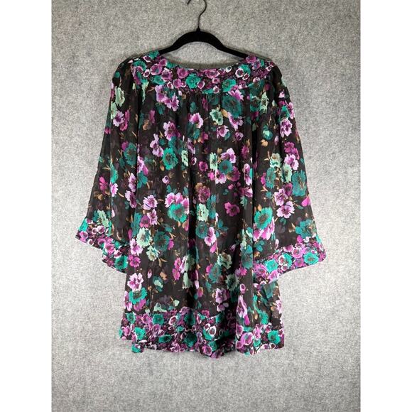 Susan Graver Blouse Women 1X Blue Semi Sheer Floral V Neck Wide Sleeve Fairy - Picture 5 of 7